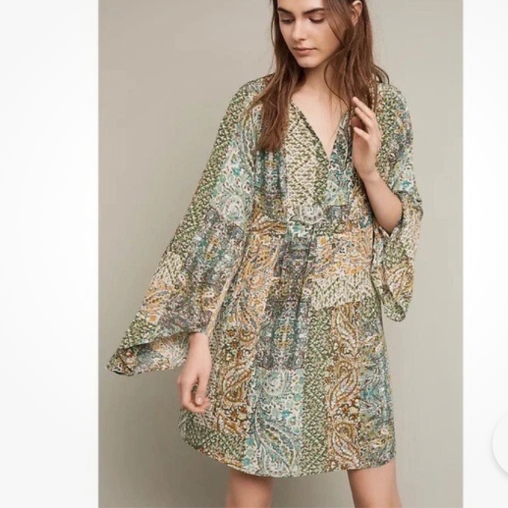 Floreat By Anthropologie Amelie 100% Silk Kimono Dress Green 10 Boho Whimsical